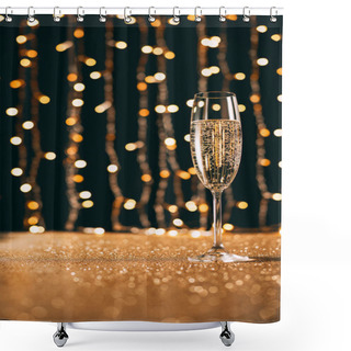 Personality  Surface Level Of One Glass Of Champagne On Garland Light Background, Christmas Concept Shower Curtains