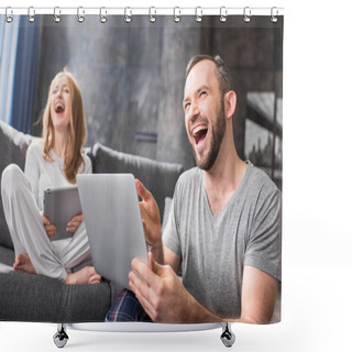 Personality  Couple Using Digital Devices     Shower Curtains