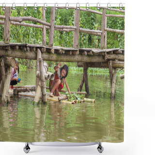 Personality  Village Cat Cat, Three Little Girls Ride A Raft On A Lake Shower Curtains