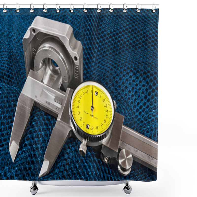 Personality  Caliper Jaws Closeup. Internal Hole Diameter Measuring On A Blue Net Background Shower Curtains