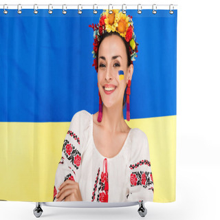 Personality  Happy Brunette Young Woman In National Ukrainian Costume And Floral Wreath With Flag Of Ukraine On Background Shower Curtains