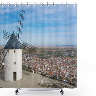 Personality  Old White Windmill At A Viewpoint On The Hill Near Consuegra (Castilla La Mancha, Spain), A Symbol Of Region And Journeys Of Don Quixote (Alonso Quijano). Shower Curtains