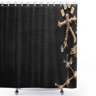 Personality  Top View Of Voodoo Doll, Ancient Runes, Crystals And Pentagram On Black Shower Curtains