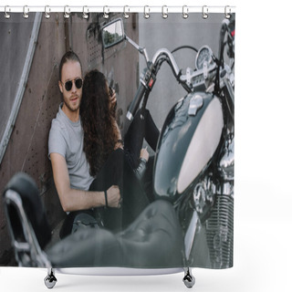 Personality  Couple Of Bikers Hugging On Asphalt With Classical Chopper Motorcycle Shower Curtains