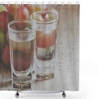 Personality  Grappa In A Small Glass And Ripe Grapes On Old Wooden Table On Wooden Table Shower Curtains