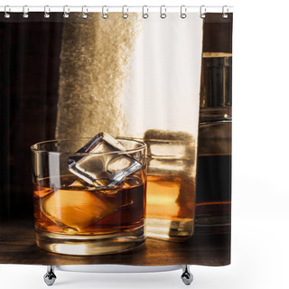Personality  Close-up View Of Glass Of Amber Alcohol With Ice Cubes On Wooden Table Shower Curtains