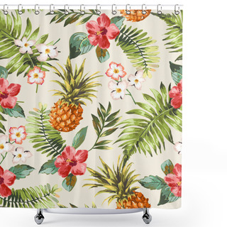 Personality  Vintage Seamless Tropical Flowers With Pineapple Vector Pattern Background Shower Curtains
