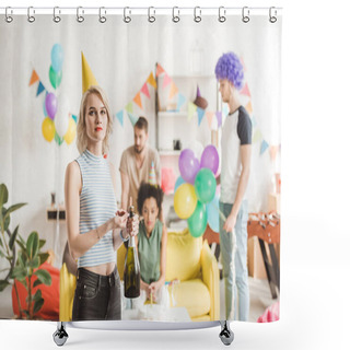 Personality  Blonde Girl Holding Champagne Bottle In Front Of Partying Friends Shower Curtains