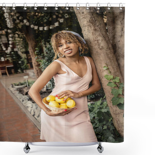 Personality  African American Woman With Braces Wearing Summer Outfit And Smiling At Camera While Holding Lemons In Basket And Standing Near Trees In Orangery, Fashion-forward Lady In Harmony With Tropical Flora Shower Curtains