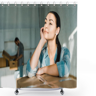 Personality  Beautiful Wife Dreaming About New House With Husband Packing Behind, Moving Concept Shower Curtains