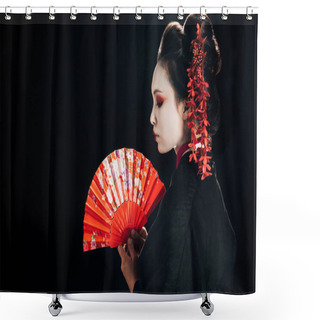 Personality  Side View Of Beautiful Geisha In Black Kimono With Red Flowers In Hair Holding Traditional Hand Fan Isolated On Black Shower Curtains