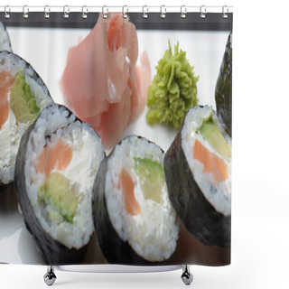 Personality  A Delicious Avocado Sushi Roll Served With Wasabi And Pickled Ginger. Shower Curtains