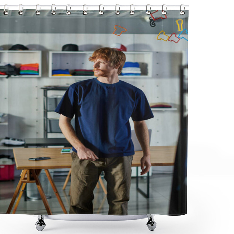 Personality  Young Redhead Craftsman In Casual Clothes Looking Away While Standing Near Working Table In Blurred Print Studio, Hands-on Entrepreneurship Concept  Shower Curtains