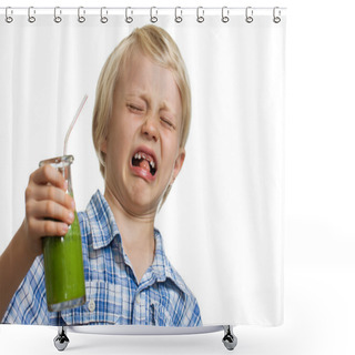 Personality  Boy Pulling Funny Face Holding Green Smoothie Shower Curtains
