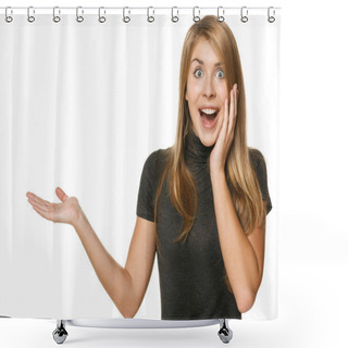 Personality  Surprised Woman Showing Open Hand Palm Shower Curtains