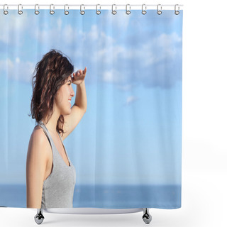 Personality  Beautiful Woman Looking Forward With The Hand In Forehead Shower Curtains
