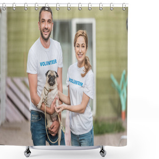 Personality  Two Volunteers Of Animals Shelter Holding Pug Dog And Looking At Camera  Shower Curtains