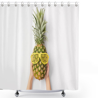 Personality  Cropped View Of Woman Holding Pineapple In Sunglasses On White Background Shower Curtains