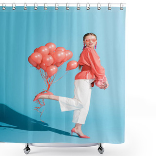 Personality  Fashionable Model Posing With Living Coral Balloons On Blue Shower Curtains