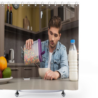 Personality  Selective Focus Of Man Pouring Cereals In Bowl Near Bottle Of Milk And Fruits On Kitchen Table  Shower Curtains