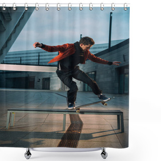 Personality  Young Skateboarder Performing Trick On Bench Shower Curtains