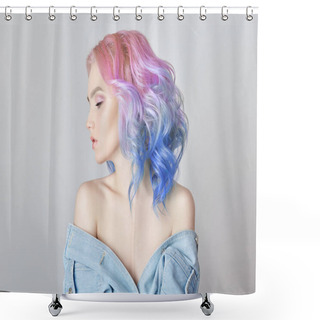 Personality  Portrait Of A Woman With Bright Colored Flying Hair, All Shades Of Purple. Hair Coloring, Beautiful Lips And Makeup. Hair Fluttering In The Wind. Sexy Girl With Short  Hair. Professional Coloring Shower Curtains