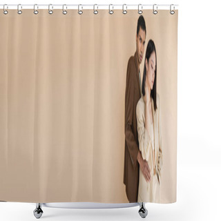 Personality  African American Man In Stylish Blazer Embracing Sensual Asian Woman Isolated On Beige, Banner Shower Curtains