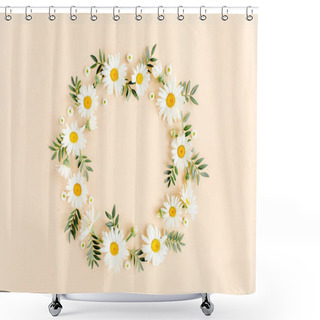 Personality  Wreath Made Of Chamomiles, Petals, Leaves On Beige Background. Flat Lay, Top View Floral Background. Shower Curtains