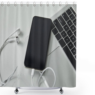 Personality  Laptop With Black Keyboard, Smartphone With Blank Screen And Earphones On White Surface Shower Curtains