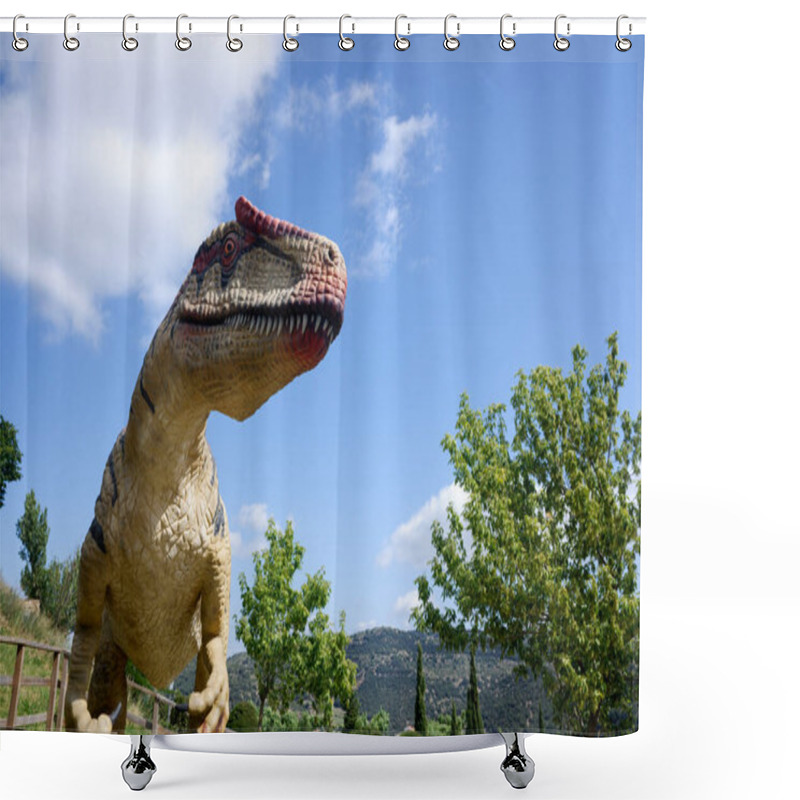Personality  Recreation Of An Allosaurus Fragilis, A Dinosaur With Large Teeth, In An Outdoor Park. Shower Curtains