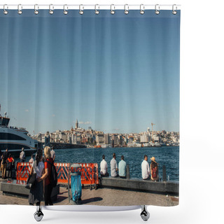 Personality  ISTANBUL, TURKEY - NOVEMBER 12, 2020: People On Coastline With Sea And Buildings At Background  Shower Curtains
