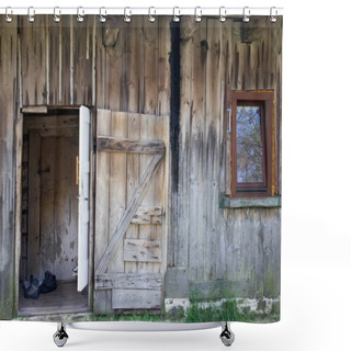 Personality  Facade With Open Door Old Wooden Rural House Shower Curtains