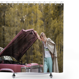Personality  Young Woman In Cape Looking Under Open Hood Of Broken Vintage Car Shower Curtains
