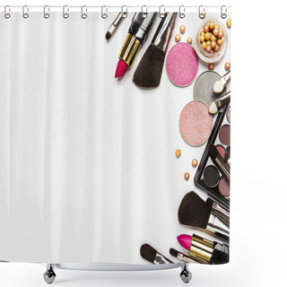 Personality  Set Of Decorative Cosmetics On A White Background. Flat Lay, Top View. Shower Curtains