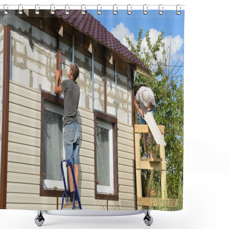 Personality  August 6, 2017: Two Workers Polish The Apartment Building With Vinyl Siding. Moskakassy. Chuvashy. Russia. Shower Curtains