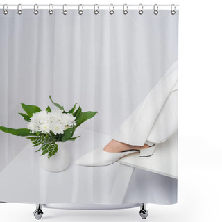 Personality  Cropped View Of Woman Near Vase With Flowers On White  Shower Curtains