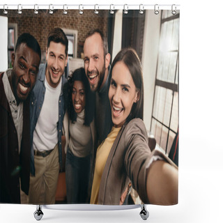 Personality  Camera Point Of View Of Group Of Cheerful Coworkers Taking Selfie Using Smartphone  Shower Curtains