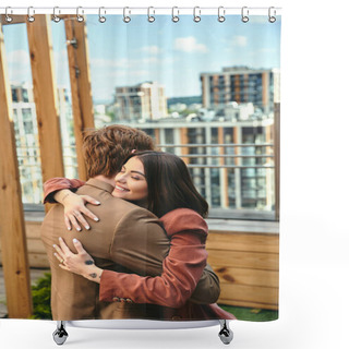 Personality  A Heartfelt Scene Of A Couple Sharing An Affectionate Hug, Their Bodies Intertwined In A Tender And Loving Embrace Shower Curtains