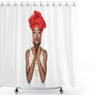 Personality  Beautiful African American Woman In Wire Head Wrap Isolated On White Shower Curtains