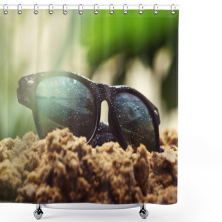 Personality  Sunglasses Are Covered With Rain Drops Are On The Wet Sand Shower Curtains