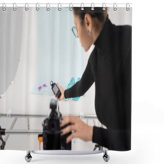 Personality  Side View Of African American Content Producer Holding Exposure Meter Between Blurred Digital Camera And Shooting Table In Photo Studio Shower Curtains