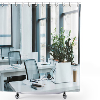 Personality  Headsets And Laptops On Tables In Modern Office  Shower Curtains