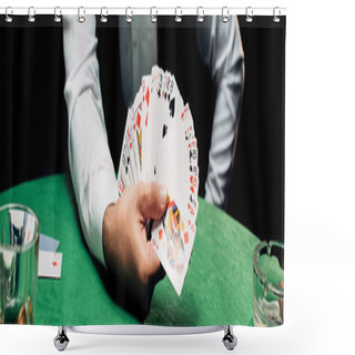 Personality  KYIV, UKRAINE - AUGUST 20, 2019: Panoramic Shot Of Croupier In Formal Wear Holding Playing Cards Near Poker Table Isolated On Black Shower Curtains