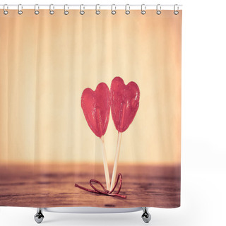 Personality  Two Cute Red Heart Shaped Lollipops On Rustic Wooden Table And Beautiful Romantic Mood Light And Blur Background As Metaphor Of Love, Togetherness And Valentines Day Greetings Car Design Concept. Shower Curtains