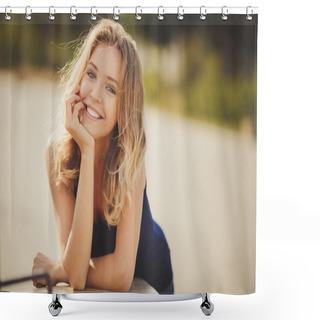 Personality  Portrait Of A Young Beautiful Smiling Blonde Woman Outdoors Shower Curtains