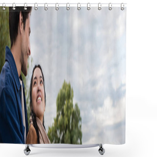 Personality  Smiling Asian Woman Looking At Boyfriend During Weekend Outdoors, Banner  Shower Curtains