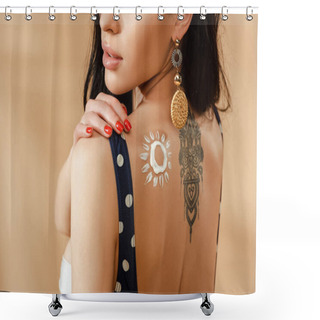 Personality  Partial View Of Sexy Brunette Woman In Polka Dot Swimsuit With Drawn Sun Made Of Sunscreen And Tattoo On Back On Beige Background Shower Curtains