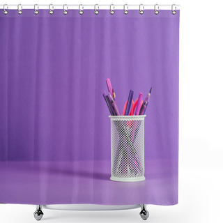 Personality  Pen Holder With Various Pens And Pencils On Purple Surface Shower Curtains