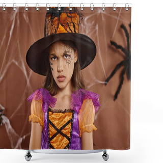 Personality  Displeased Girl In Witch Hat And Halloween Costume Frowning On Brown Background, Spooky Season Shower Curtains