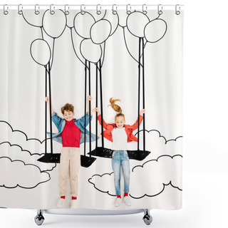 Personality  Top View Of Cheerful Kids On Swings Near Balloons And Clouds On White  Shower Curtains